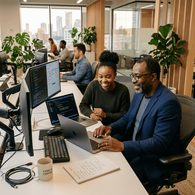 Senior and junior developers collaborating