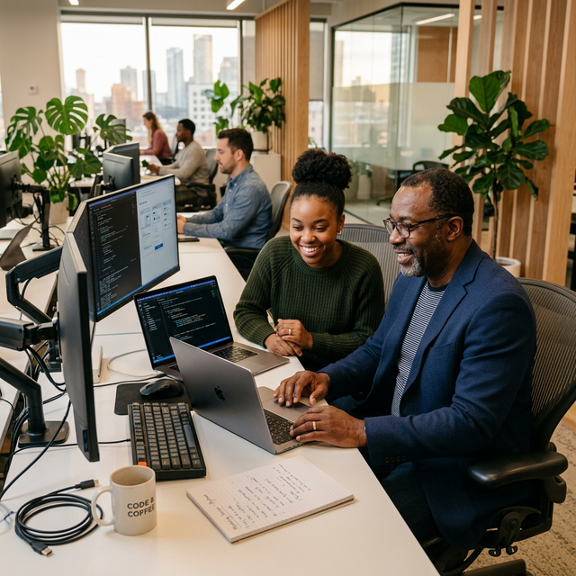 Senior and junior developers collaborating